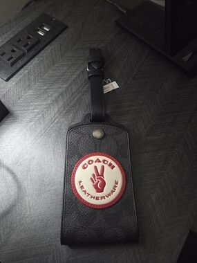 Coach Black Leather Luggage Tag with Red & Cream Logo